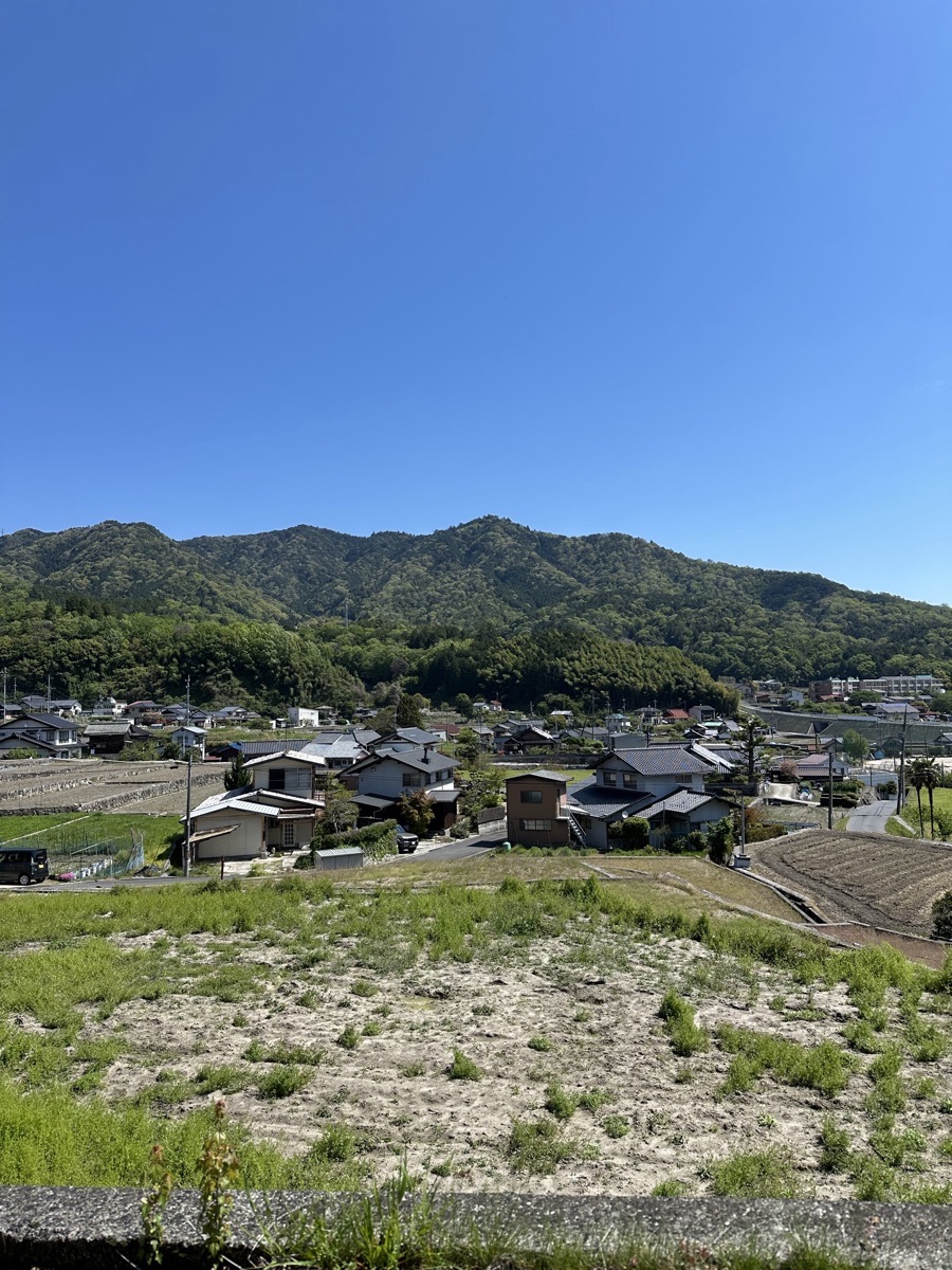 Rural Japanese village with tiled roofs and rice fields below green mountains
